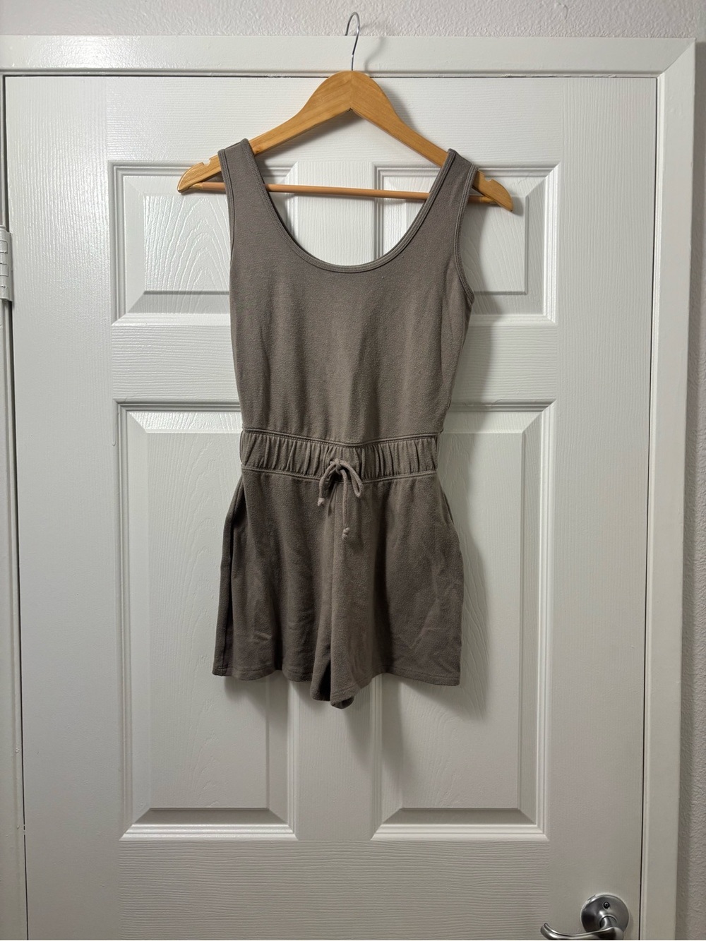 Abercrombie Sleeveless Knit Drawstring Romper in Taupe